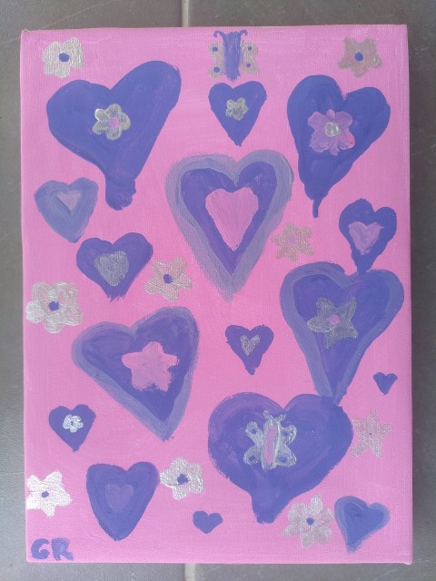 Selbst gemaltes Bild mit Herzen, Schmetterlingen und Blumen in diversen Lila- und Rosatönen gehalten